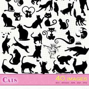 Chats / Chatons - 40 images - Fichiers svg/dxf/eps/studio/png - Silhouettes, fichiers de découpe vectoriel, clipart de chats et chatons