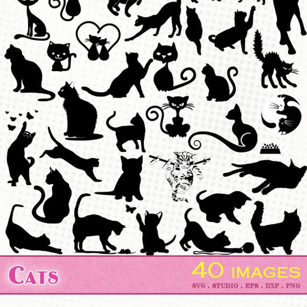 Gatos - 40 svg/eps/dxf/silhouette studio/png - Siluetas, cortar archivos, clipart, archivos vectoriales - Gatos gatitos gato