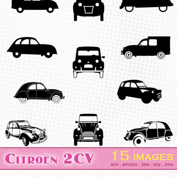 Citroën 2CV - 15 images - Fichiers svg/dxf/eps/studio/png - Silhouettes, fichiers de découpe vectoriel clipart - deuche 2cv deudeuche svg