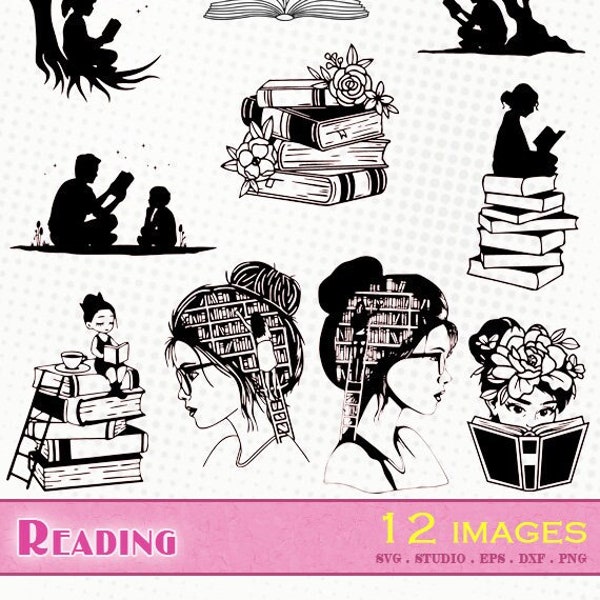 Lecture / Livres - 12 fichiers svg / eps / dxf / png / silhouette studio - svg vector files reading livre stack books bibliothèque library