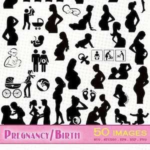 Grossesse/Femme enceinte/Naissance/Bébé - 50 images - Fichiers svg/dxf/eps/studio/png - Silhouettes, fichiers de découpe vectoriel, clipart