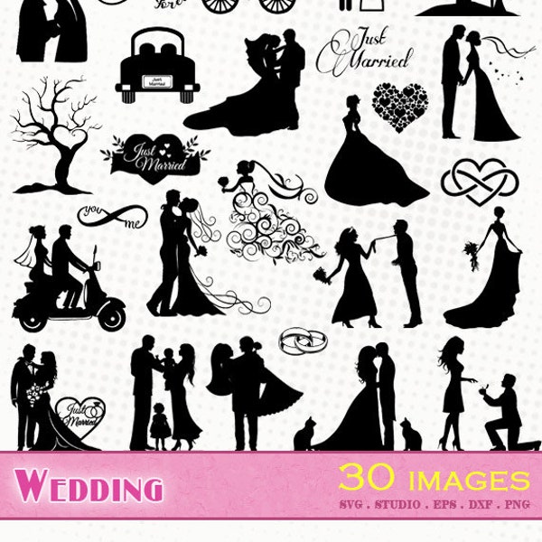 Mariage - 30 images - Fichiers svg/dxf/eps/studio/png - Silhouettes, fichiers de découpe vectoriel, clipart de mariage mariés mariée bague