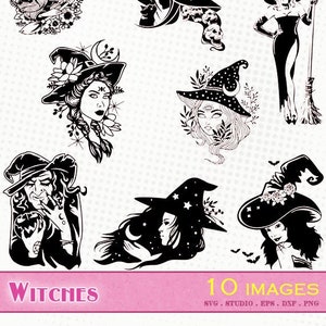 Sorcières - 10 images - Fichiers svg/dxf/eps/studio/png - Silhouettes fichiers découpe vectoriel clipart sorcière witch halloween