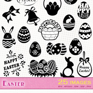 Pâques/Easter - 25 images - Fichiers svg/dxf/eps/studio/png - Silhouettes, fichiers de découpe vectoriel, clipart de Pâques (oeufs, cloches)