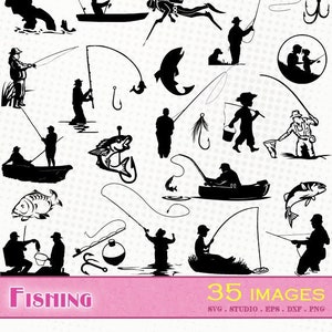 Pêche - 35 images - Fichiers svg/dxf/eps/studio/png - Silhouettes, fichiers de découpe vectoriel, clipart pêche poisson ligne fishing fish