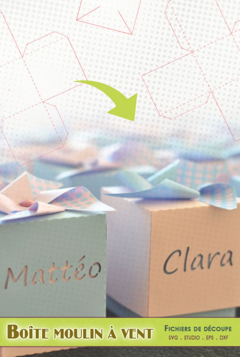 May include: Two small, decorated boxes with the names "Matt&eacute;o" and "Clara" on them. The boxes are shaped like windmills and are made of paper. The boxes are part of a set of printable templates for creating your own windmills.