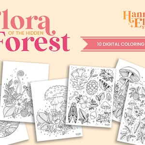 Set of 10 Botanical Coloring Pages | Printable Adult Coloring Sheets | Digital Download | Forest Coloring Page | Mindfulness Coloring Page