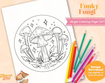 Mushroom Printable Coloring Page, Single Adult Coloring Page, Books For Adults, Coloring Therapy, Instant Download, Fungi Colouring Page