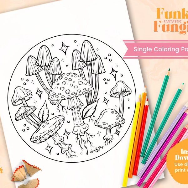 Mushroom Printable Coloring Page, Single Adult Coloring Page, Books For Adults, Coloring Therapy, Instant Download, Fungi Colouring Page