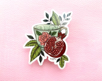 Cottagecore Pomegranate Teacup Sticker | Fun Floral Antique Teacup Drawing | Waterproof and Durable Laptop Sticker | 2.9 x 2.4 Inches