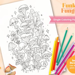 Mushroom Printable Coloring Page, Single Adult Coloring Page, Books For Adults, Coloring Therapy, Instant Download, Fungi Colouring Page