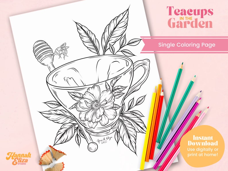 Teacup Coloring Page, Individual Coloring Page, Relaxing Activities