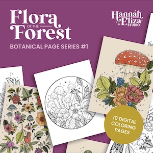 Conjunto de 10 páginas para colorear botánicas / Hojas para colorear imprimibles para adultos / Descarga digital / Página para colorear del bosque / Página para colorear de atención plena