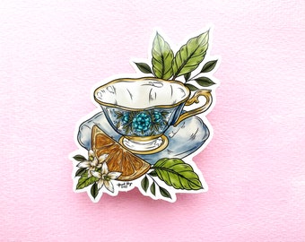 Orange Teacup Sticker, Antique Teacup Drawing Sticker, Cottagecore Aesthetic Design, Shiny Waterproof Sticker, Waterbottle Stickers