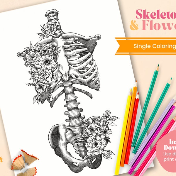 Skeleton Floral Drawing, Adult Coloring Page, Spooky Coloring Page For Adults, Bohemian Color Page, Instant Download, Indie Coloring Page