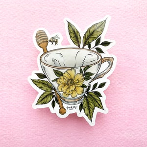 Honey Bee Teacup Sticker, Antique Teacup Drawing Sticker, Cottagecore Aesthetic Design, Shiny Waterproof Sticker, Waterbottle Stickers