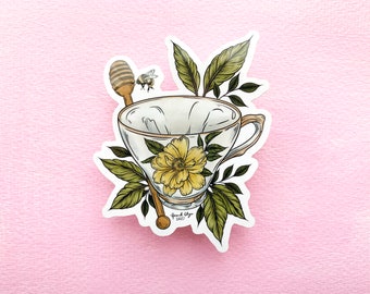 Honey Bee Teacup Sticker, Antique Teacup Drawing Sticker, Cottagecore Aesthetic Design, Shiny Waterproof Sticker, Waterbottle Stickers