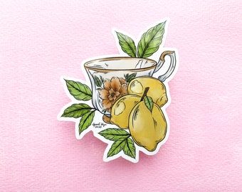 Lemon Teacup Sticker, Antique Teacup Drawing Sticker, Cottagecore Aesthetic Design, Shiny Waterproof Sticker, Waterbottle Stickers