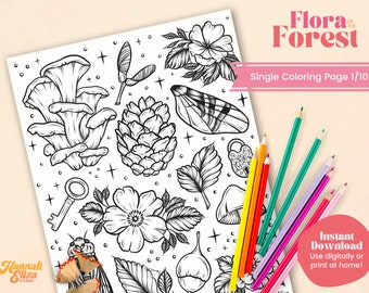 Printable Coloring Page, Floral Drawing JPG, Coloring Pages for Adults, Forest Themed Coloring Pages, Family Activity Pages, Relaxing Art