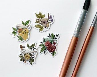 Mini Teacup Sticker Set, Antique Teacup Drawing Stickers, Cottagecore Aesthetic Design, Shiny Waterproof Stickers, Waterbottle Stickers