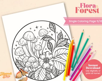 Printable Coloring Page, Floral Drawing JPG, Coloring Pages for Adults, Forest Themed Coloring Pages, Family Activity Pages, Relaxing Art