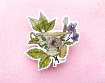 Violet Teacup Sticker, Antique Teacup Drawing Sticker, Cottagecore Aesthetic Design, Shiny Waterproof Sticker, Waterbottle Stickers