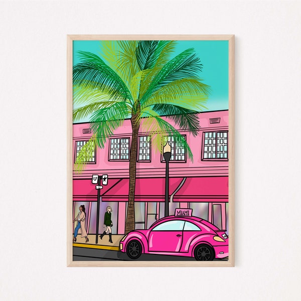 Miami Pop Art, Art Deco Pink City Portrait, 8 by 10 Print (DIGITAL)