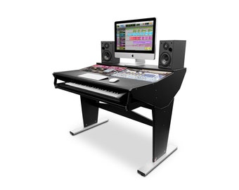 May include: Black music production desk with a keyboard, a computer monitor, and two speakers. The desk has a black finish and a silver base.