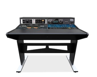 May include: A black professional audio mixing console with a black stand. The console has a silver and black control panel with a digital display and a large knob. The stand has a white base.