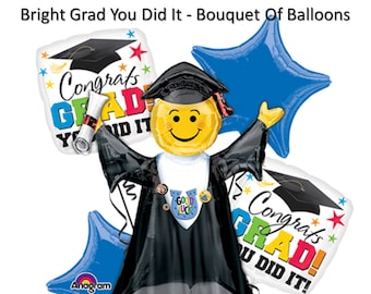 Bright Grad - You Did It - Bouquet - Congrats Graduation Smiley Face Emoji Grad Cap Party Balloon Bouquet