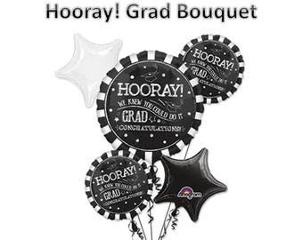 Giant Chalkboard Sytle - Hooray Graduation Balloon Bouquet with Grad Cap Balloon Weight - Grad Balloons - We knew you could do it!