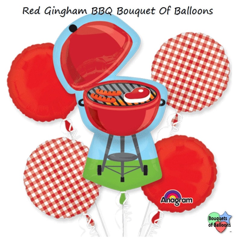 Red Gingham Pool Backyard Summer Barbeque Party Balloons Red Gingham BBQ Bouquet Of Balloons 5 Foil Balloon Bouquet