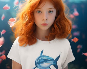 Aquarell Weißer Hai T-Shirt, Ocean Lover Cotton Graphic Tee