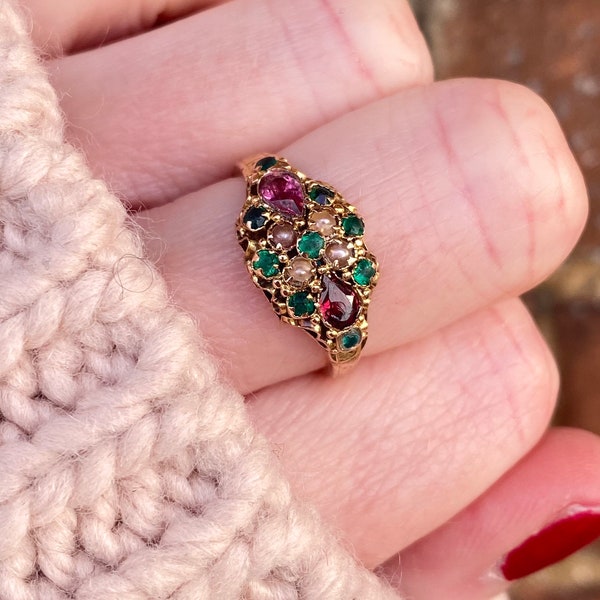 Antique Yellow Gold Suffragette Ring, Emerald, Amethyst & Pearl, UK size N