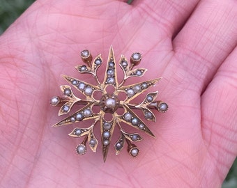 Edwardian 9ct Gold Seed Pearl Flocon de neige ou Starburst Pendentif Broche