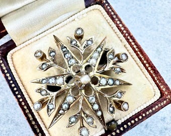 May include: A star-shaped brooch crafted from gold-toned metal, featuring a central point and radiating arms adorned with numerous small, round, off-white seed pearls. The brooch is displayed inside a square, dark brown, hinged jewelry box.