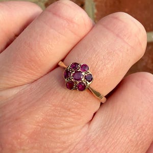 May include: A gold ring featuring a cluster of seven round, deep pinkish-red gemstones arranged in a floral pattern. The central stone is surrounded by six smaller stones of the same colour, all set in a gold band with a smooth, polished finish.