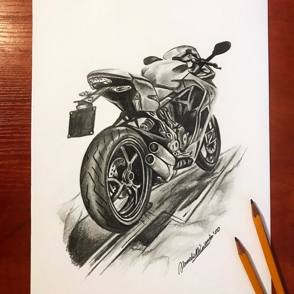 Original drawing of Ducati, Realistic drawing of motorbike, Motorcycle drawing, For him, Wall art, Motorcycle art, Boy room decor, Pencils