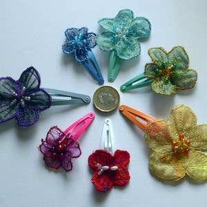 Machine embroidered beaded hair flowers on clips. Boho, bridal or bridesmaids hair clips for weddings or everyday