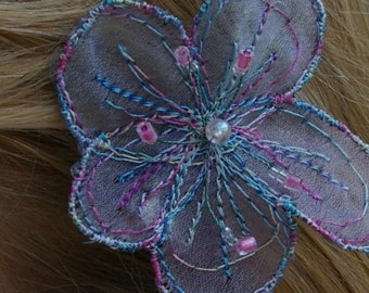 Machine embroidered hair flowers with wired stamens on clips. Alternative, long-lasting, bridal, boho or bridesmaids hair clips