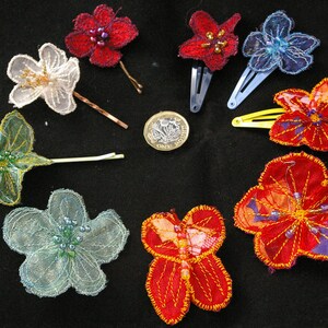 Handmade machine embroidered and beaded hair flowers on bobby pins. Alternative, long-lasting bridal, boho, bridesmaid or wedding hair clips image 9