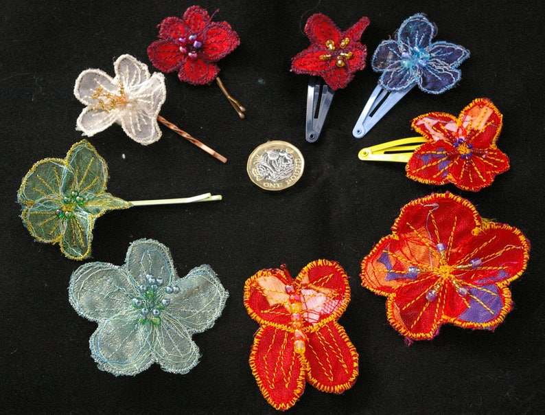 Handmade machine embroidered and beaded hair flowers on bobby pins. Alternative, long-lasting bridal, boho, bridesmaid or wedding hair clips image 9