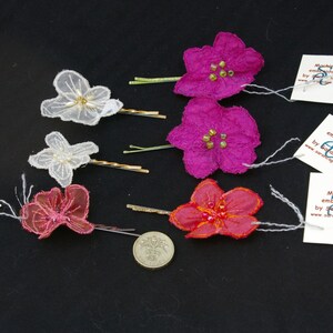 Handmade machine embroidered and beaded hair flowers on bobby pins. Alternative, long-lasting bridal, boho, bridesmaid or wedding hair clips image 5