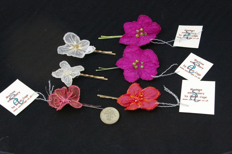 Handmade machine embroidered and beaded hair flowers on bobby pins. Alternative, long-lasting bridal, boho, bridesmaid or wedding hair clips image 5