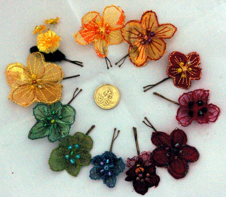 Handmade machine embroidered and beaded hair flowers on bobby pins. Alternative, long-lasting bridal, boho, bridesmaid or wedding hair clips image 1