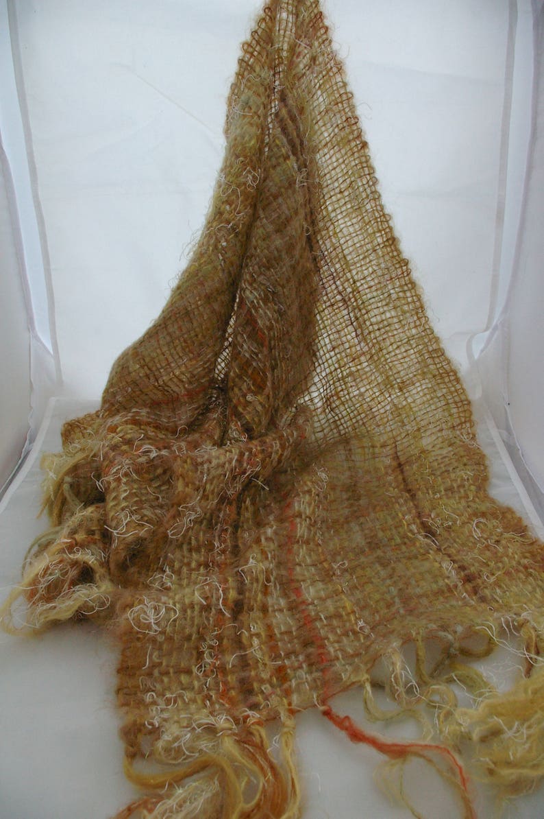 Mohair/nylon shawl in gold/brown natural dyed spring colours. Wedding wrap. Mohair scarf. Evening shawl. image 4