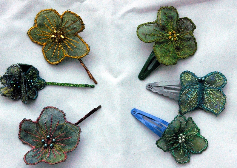 Handmade machine embroidered and beaded hair flowers on bobby pins. Alternative, long-lasting bridal, boho, bridesmaid or wedding hair clips image 8