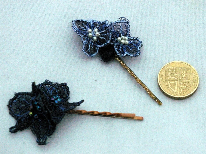 Handmade machine embroidered and beaded hair flowers on bobby pins. Alternative, long-lasting bridal, boho, bridesmaid or wedding hair clips image 7