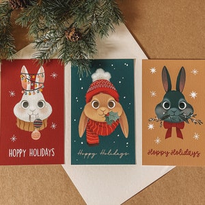 HOPPY HOLIDAYS 3x Bunny Christmas Postcard + gold foil envelopes - rabbit - merry christmas postcard - pet - cute card