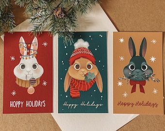 HOPPY HOLIDAYS 3x Bunny Christmas Postcard + gold foil envelopes - rabbit - merry christmas postcard - pet - cute card